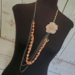 Gunmetal chain and bronze faux pearl necklace with fabric rose